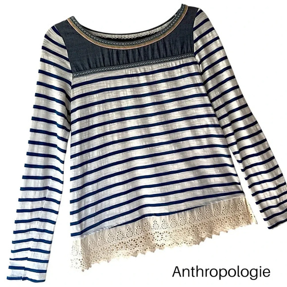 ANTHROPOLOGIE LITTLE YELLOW BUTTON NWOT LONG SLEEVE STRIPED LACE TOP | SMALL - Picture 1 of 8